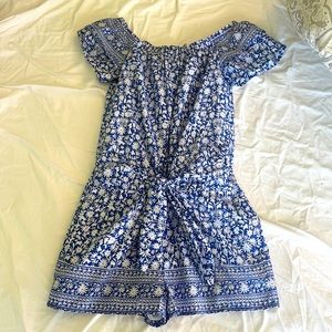 Blue and white off the shoulder romper